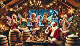 DALL·E 2024-12-22 15.19.34 - A lively and festive Christmas beer party featuring cheerful Christmas fairies and tipsy Santa Clauses. The scene is set in a warmly lit rustic cabin .webp